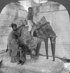 Three headed elephant guarding a sanctuary, Arakan Pagoda, Mandalay, Burma, 1908.  Artist: Stereo Travel Co