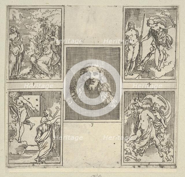 Five numbered scenes, each after a painter in the Accademia Degl'Incamminati, from IL FUNE..., 1603. Creator: Guido Reni.