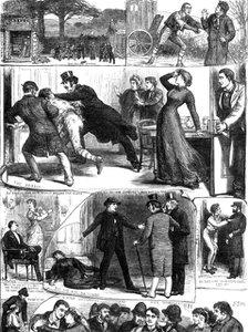 Sketches from the "Lights O' London" at the Princess's Theatre, 1881. Creator: Dalziel Brothers.