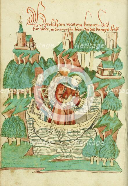 Barlaam, Carrying a Shoulder Pack, Crosses a River; Barlaam und Josaphat, 1469. Creators: Hans Schilling, Diebolt Lauber.