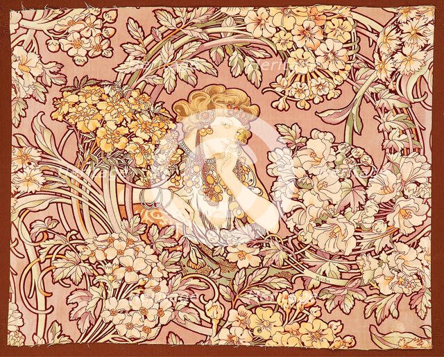 Woman among flowers (printed fabric), 1898-1899. Creator: Mucha, Alfons Marie (1860-1939).