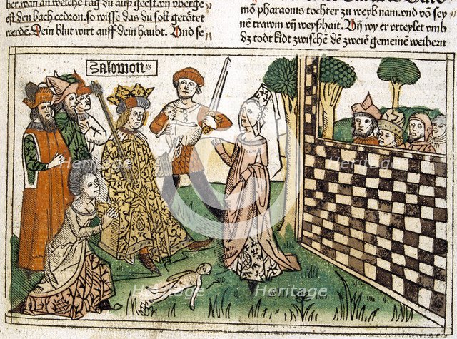 King Solomon's judgment, scene in the Bible of Nuremberg written in German, 1483.