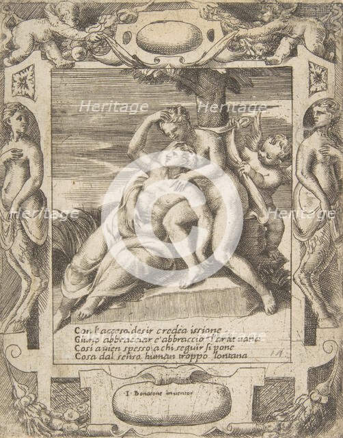 Ixion embracing a cloud, thinking it is Juno, Cupid at the right, set within an elabora..., 1531-76. Creator: Giulio Bonasone.