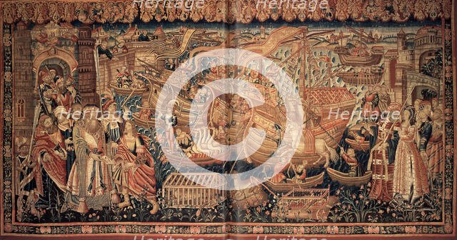 Unloading of Goods: Vasco da Gama's arrival at Calicut (Tapestry), 1504. Creator: Anonymous master.