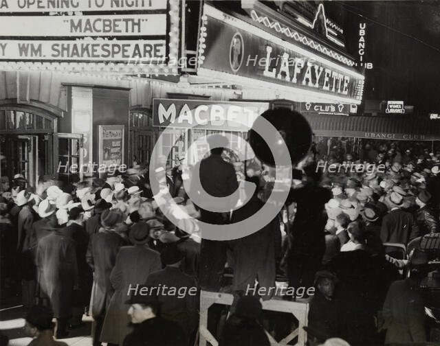 Crowds outside the Lafayette Theatre in Harlem at the opening of "Macbeth", 1936. Creator: Federal Theatre Project.