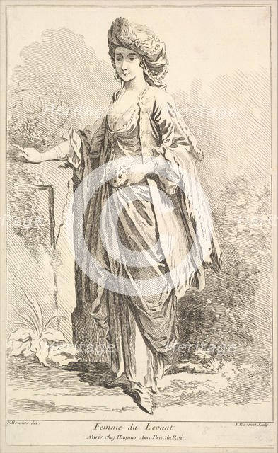 Femme du Levant, from Recueil de diverses fig.res étrangeres Inventées par F. Bouc..., 18th century. Creator: Simon François Ravenet.
