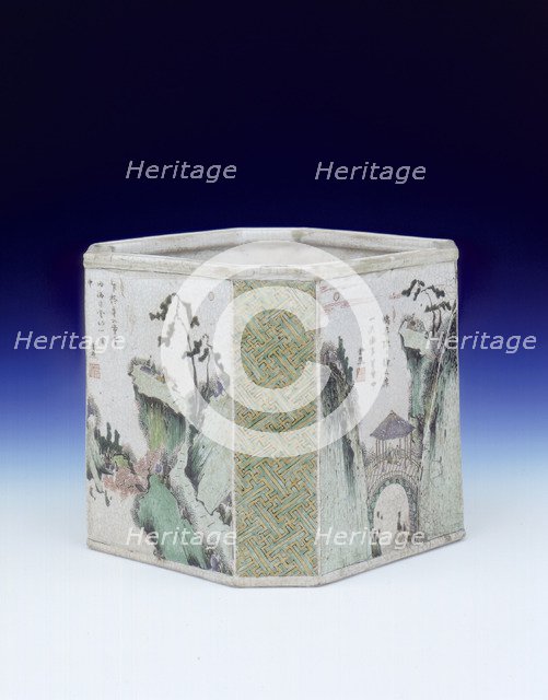 Soft paste famille verte brush pot, middle period, Qing Dynasty, Kangxi, China, 1683-1700. Artist: Unknown