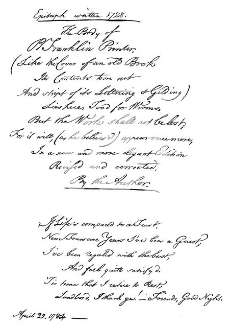 Benjamin Franklin's epitaph, written by himself, 1728, (1840). Artist: Benjamin Franklin