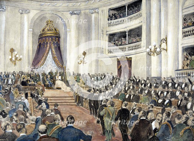 Opening of Parliament by Queen Maria Christina Habsburgo with her son Alphonse' in 1898, drawing …