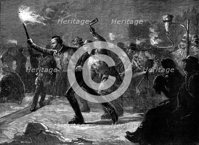 Skating on the Serpentine by torchlight - "follow my leader", 1881. Creator: Unknown.