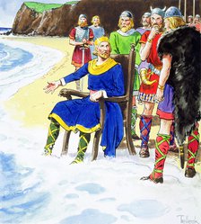 King Canute failing to hold back the waves, early 11th century (c1900). Artist: Trelleek