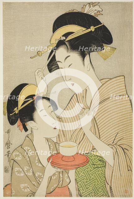 A Young Girl Offering Tea to Another Woman, Japan, c. 1797. Creator: Kitagawa Utamaro.