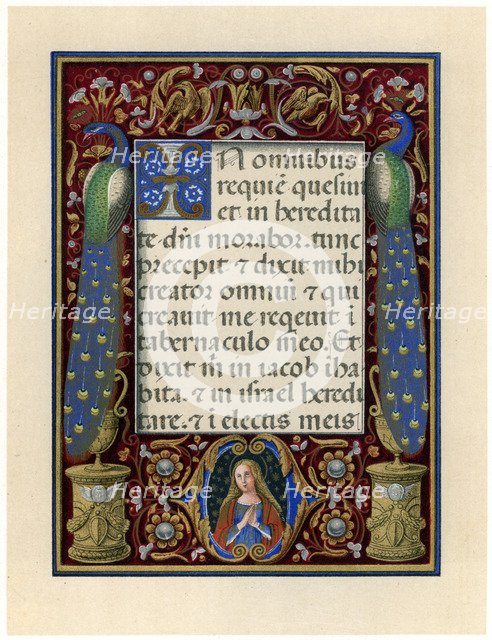 Text page with the Virgin and two peacocks, c1490. Artist: Unknown