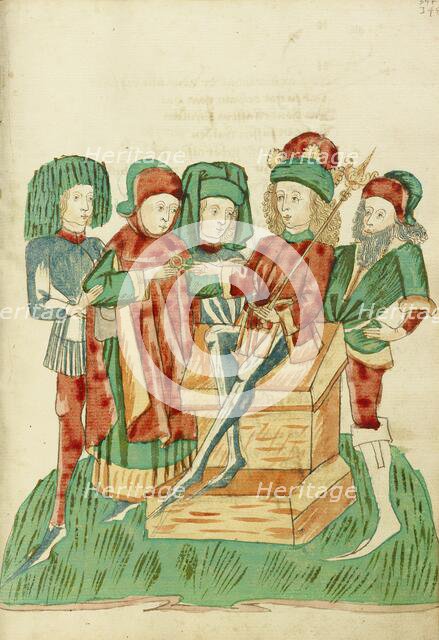 Barochias is Enthroned as King and Receives the Royal Ring; Barlaam und Josaphat, 1469. Creators: Hans Schilling, Diebolt Lauber.