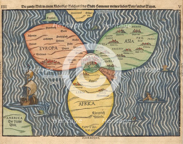The three continents with Jerusalem in the center of the World, 1581. Artist: Bünting, Heinrich (1545-1606)