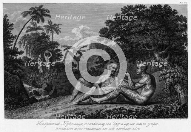 Illustration of a Nukagiva Man Making Tattoos on Another Man's Body, 1813. Creators: Ivan Vasil'evich Chesky, Ignaz Sebastian Klauber.
