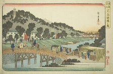 Akabane Bridge in Shiba (Shiba Akabanebashi no zu), from the series "Famous Places..., c. 1832/38. Creator: Ando Hiroshige.