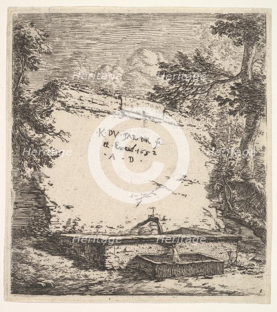 Frontispiece with stepped fountain; a stone wall with water spout pouring water into a rec..., 1652. Creator: Karel Du Jardin.