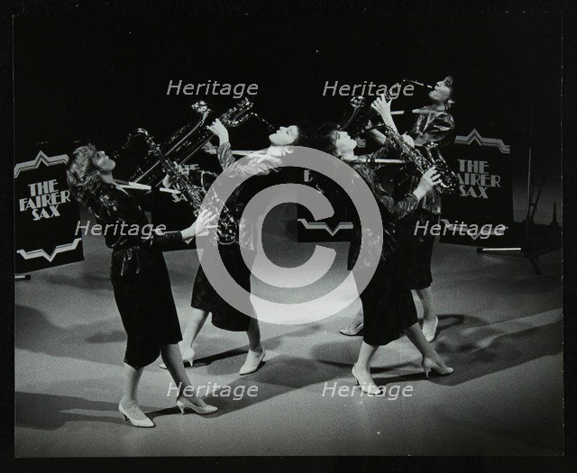 All-female quartet The Fairer Sax performing at the Forum Theatre, Hatfield, Hertfordshire, 1987. Artist: Denis Williams