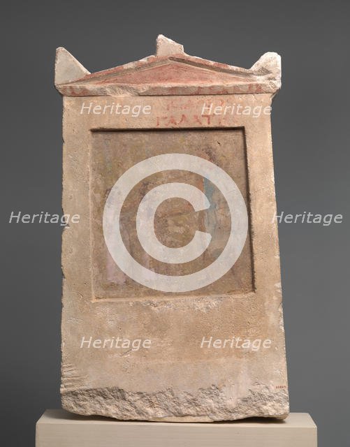 Painted limestone funerary slab with a soldier and two girls, 2nd half of 3rd century B.C. Creator: Unknown.