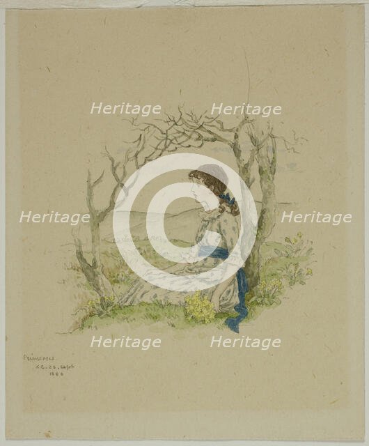 Seated Girl with Primroses, 1886. Creator: Catherine Greenaway.