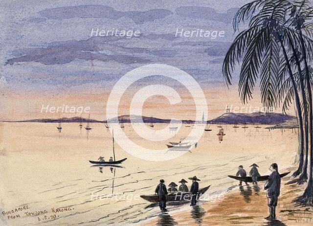 Singapore: view towards Singapore from the beach at Tanjong Katong at sunset, 1879. Creator: John Edmund Taylor.