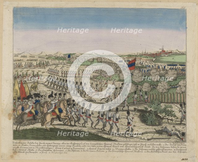  French and Russian troops on the Zürichberg hill in the First Battle of Zurich, c. 1810. Artist: Anonymous  