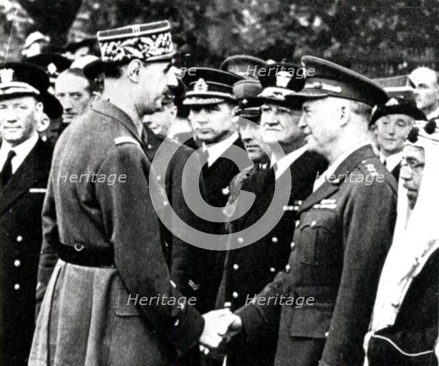 World War 2: De Gaulle greets Eisnhower, 1944. Artist: Anon