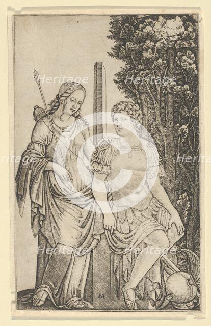 Venus standing at left resting her hand on the shoulder of Aeneas seated at right..., ca. 1500-1527. Creator: Marcantonio Raimondi.