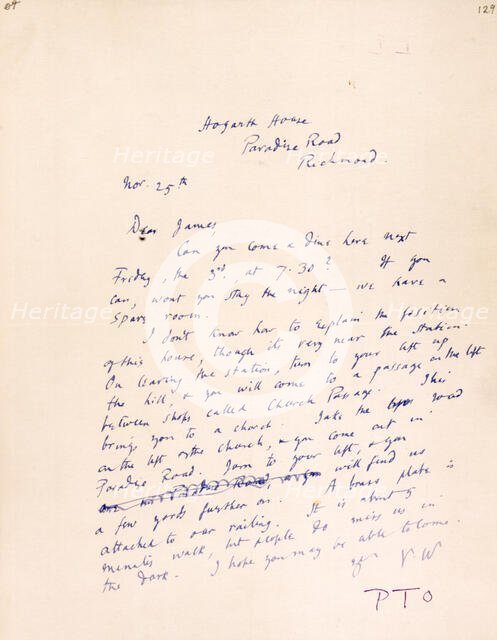 Letter to James Beaumont Strachey from Virginia Woolf, inviting him to dine with her, c1915-c1924. Creator: Virginia Woolf.