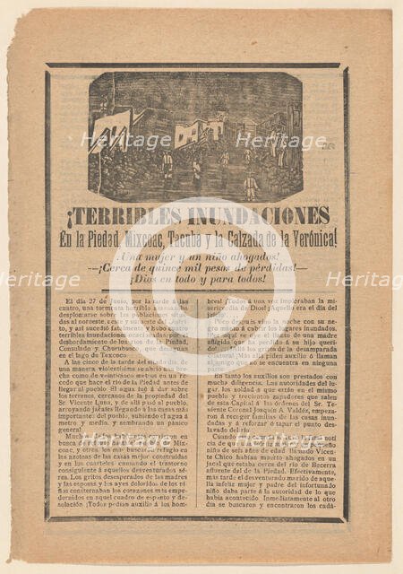 Broadside relating to a news story about floods in multiple cities, villagers wad..., ca. 1900-1913. Creator: José Guadalupe Posada.