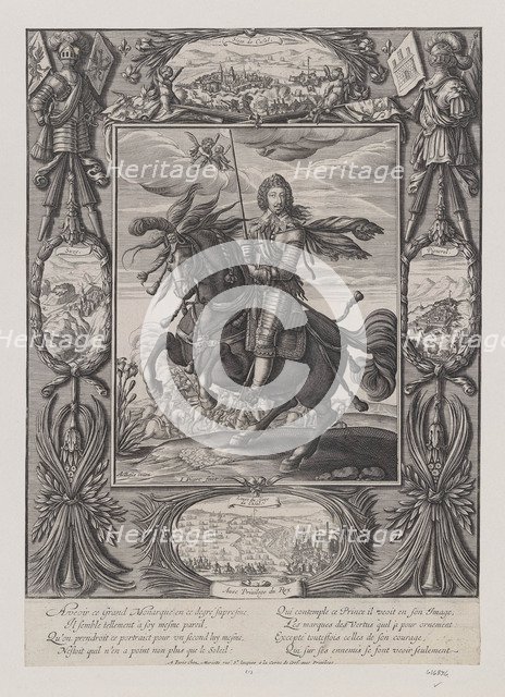 Louis XIII on horseback with views of besieged towns and fortresses , c.1630.