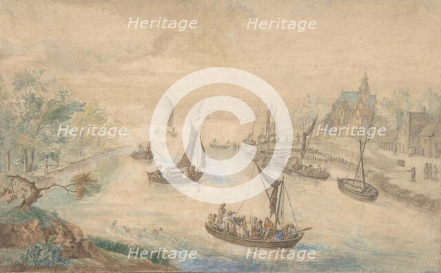 Landscape with River in the Center, with Ferryboat, 18th century (?). Creator: Anon.