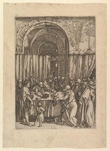 High priest refusing sacrificial lamb from Joachim, after Dürer, ca. 1500-1534. Creator: Marcantonio Raimondi.