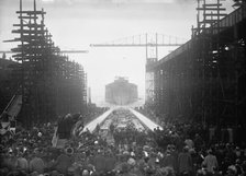 U.S.S. Mississippi, Launching at Newport News, Sliding Down Ways, Jan 1917. Creator: Harris & Ewing.