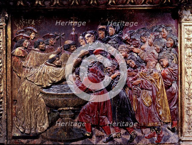 Forced baptism of Muslims in 1502, after the fall of Granada', attic with wooden relieves in the …