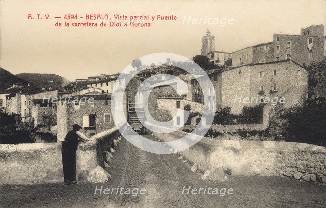 Partial view of Besalu (Girona) and bus line through the highway bridge from Olot to Girona, post…