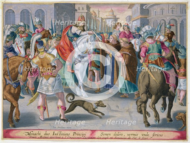 Two monks present silkworms smuggled from China to the Byzantine Emperor Justinian, 6th century. Artist: Unknown