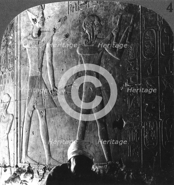 Sethos I and his son Ramses II worshiping their ancestors, Abydos, Egypt, c1900.Artist: Underwood & Underwood