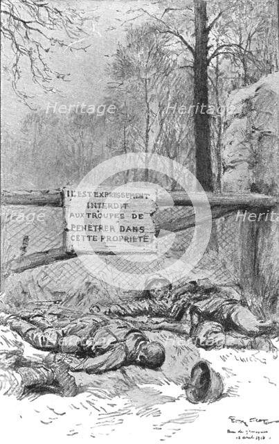 'Dans la Bataille; Ecriteau dispose pour proteger une breche au mur du parc, quand..., 1918. Creator: Georges Bertin Scott.