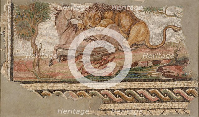 Mosaic of a Lion Attacking an Onager, A.D. 150-200. Creator: Unknown.