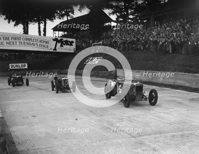 Frazer-Nash, MG and HRG racing at Brooklands, 1938 or 1939. Artist: Bill Brunell.