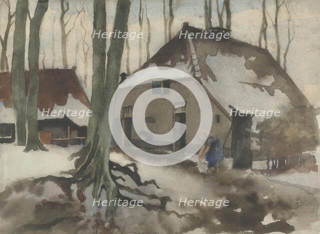 Woman in front of a house in a snowy forest, 1870-1923. Creator: Willem Witsen.