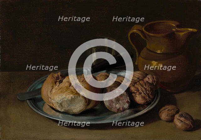 Still Life with Bread, Salami, and Nuts, about 1750-1760. Creator: Giacomo Ceruti.