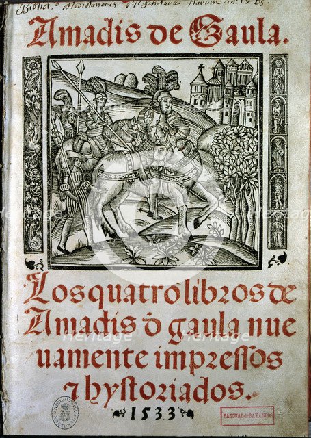 Cover of the book 'Amadis de Gaula', 1533, book of chivalry, explains the love of Amadis and Oriana.