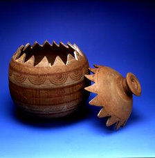 Gear-shaped urn, Iberian pottery with geometrical decoration, from the tomb 37 of the necropolis …