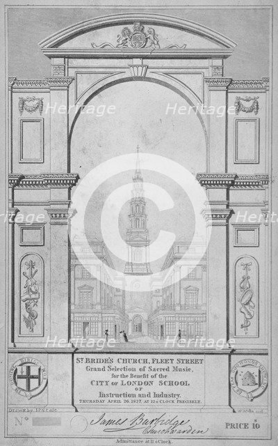 St Bride's Church, Fleet Street, City of London, 1827. Artist: W Wallis