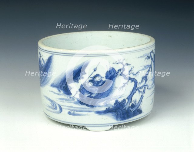 Blue and white incense burner with warriors, Ming dynasty, China, c1630-1644. Artist: Unknown