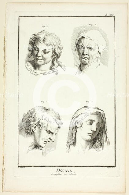 Drawing: Expressions of Emotion (Laughter, Weeping, Compassion, Sadness), from Encyclop..., 1762/77. Creator: A. J. Defehrt.