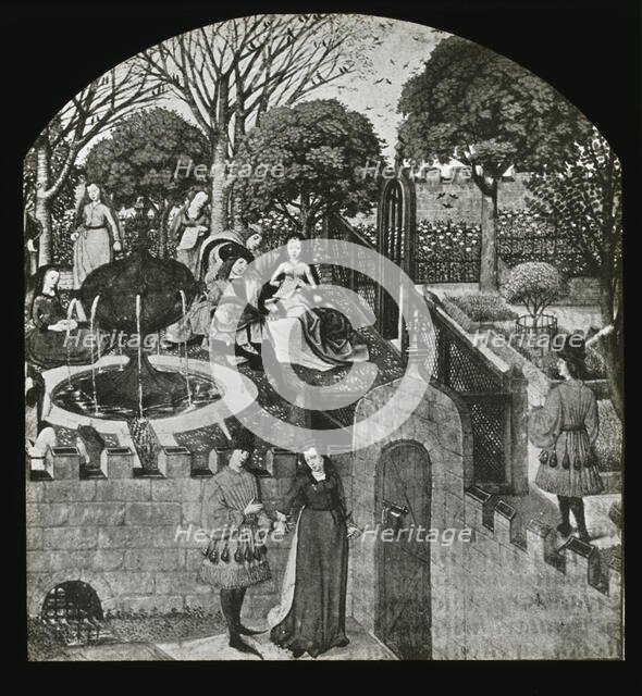 Reproduction of illustration showing an enclosed garden, between 1915 and 1925. Creator: Frances Benjamin Johnston.